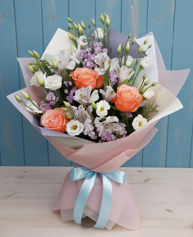 Букет цветов из: Лизиантусы, Розы, Альстромерии и Гипсофила в Александро-Невской