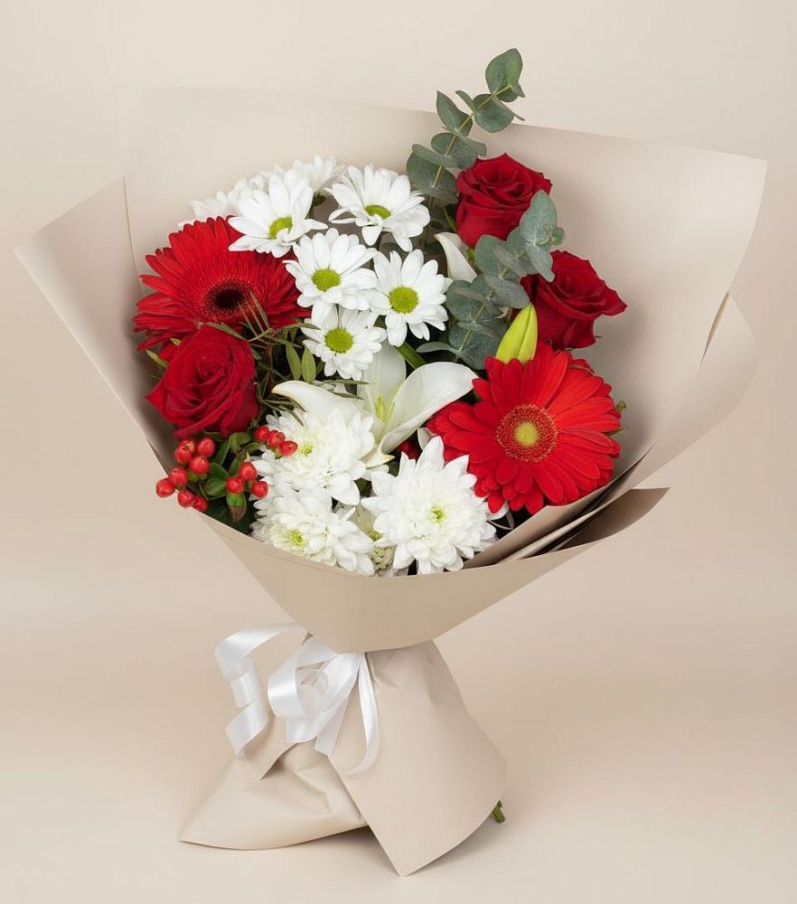 Букет цветов из: Розы, Хризантемы, Герберы и Лилии в Александро-Невской